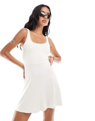 Asos Design Scoop Neck Mini Dress With Skater Skirt In Cream-white