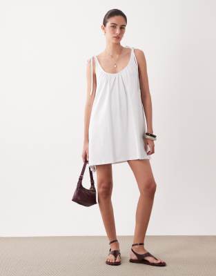 Asos Design Scoop Neck Mini Dress With Tie Shoulder Detailing In White