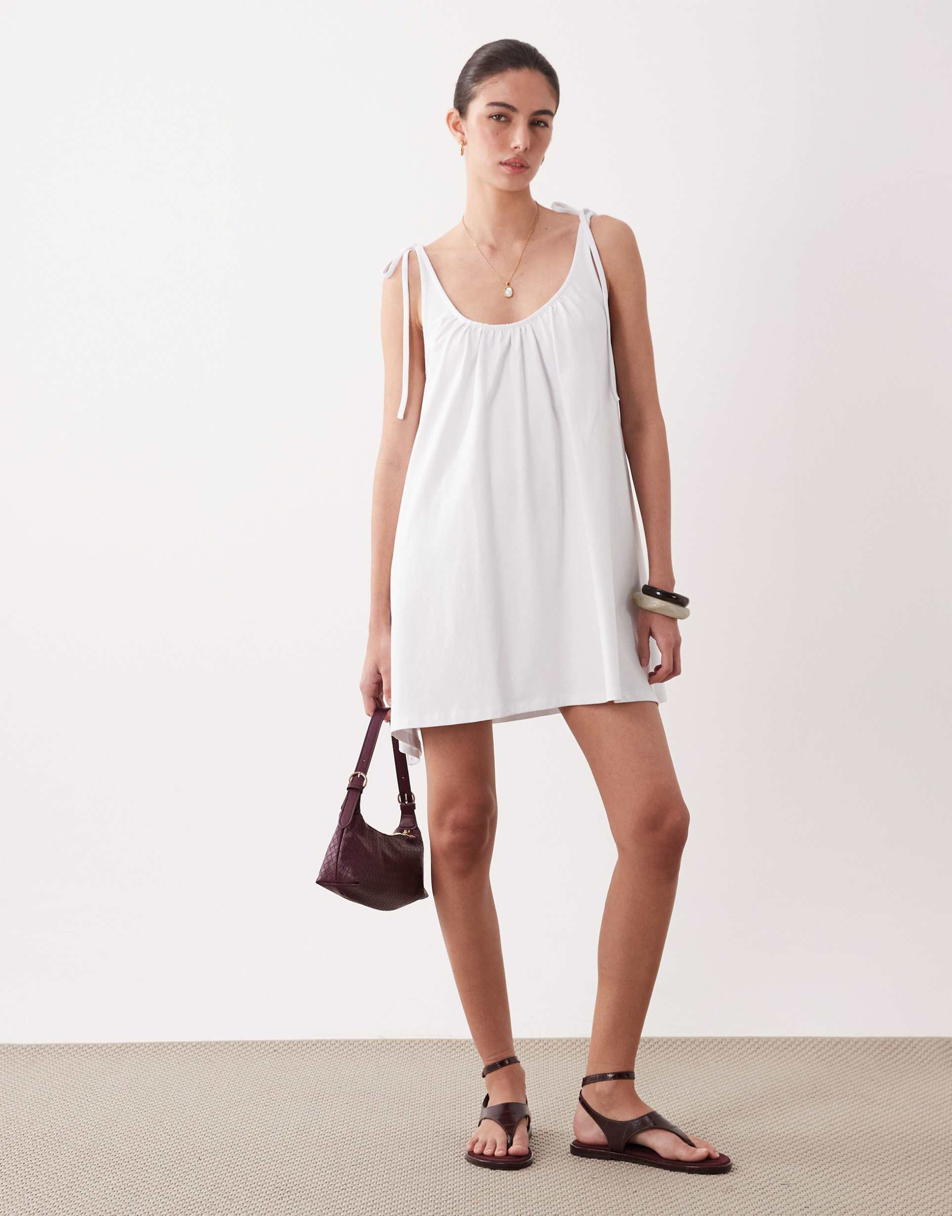 asos design scoop neck mini dress with tie shoulder detailing in white