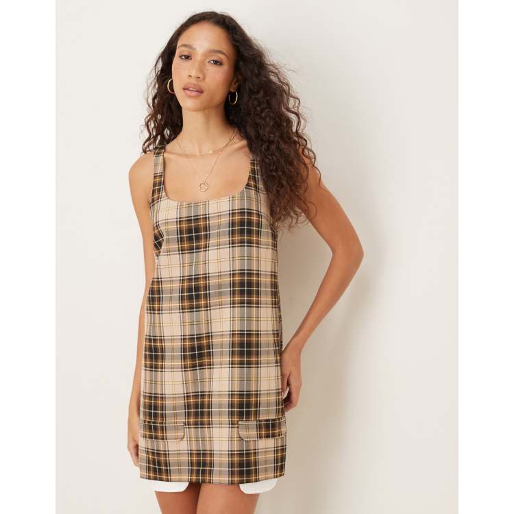 ASOS DESIGN scoop neck mini shift dress in chocolate check