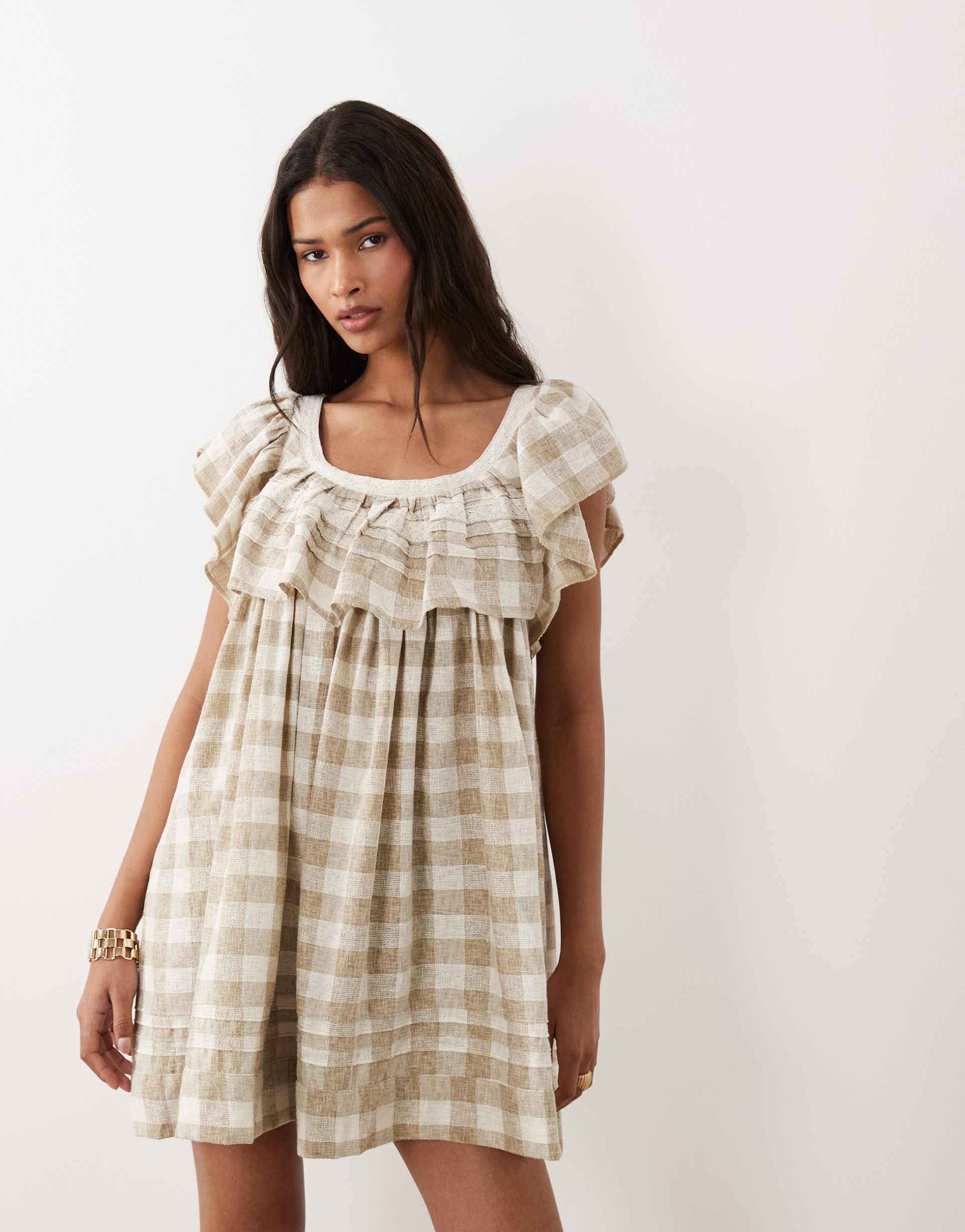 asos design scoop neck mini smock dress with ruffles in tan plaid