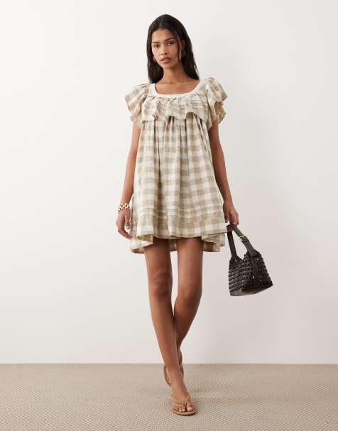 asos design mixed gingham and floral tiered mini smock dress ASOS DESIGN Curve tiered mini smock dress in red and white gingham