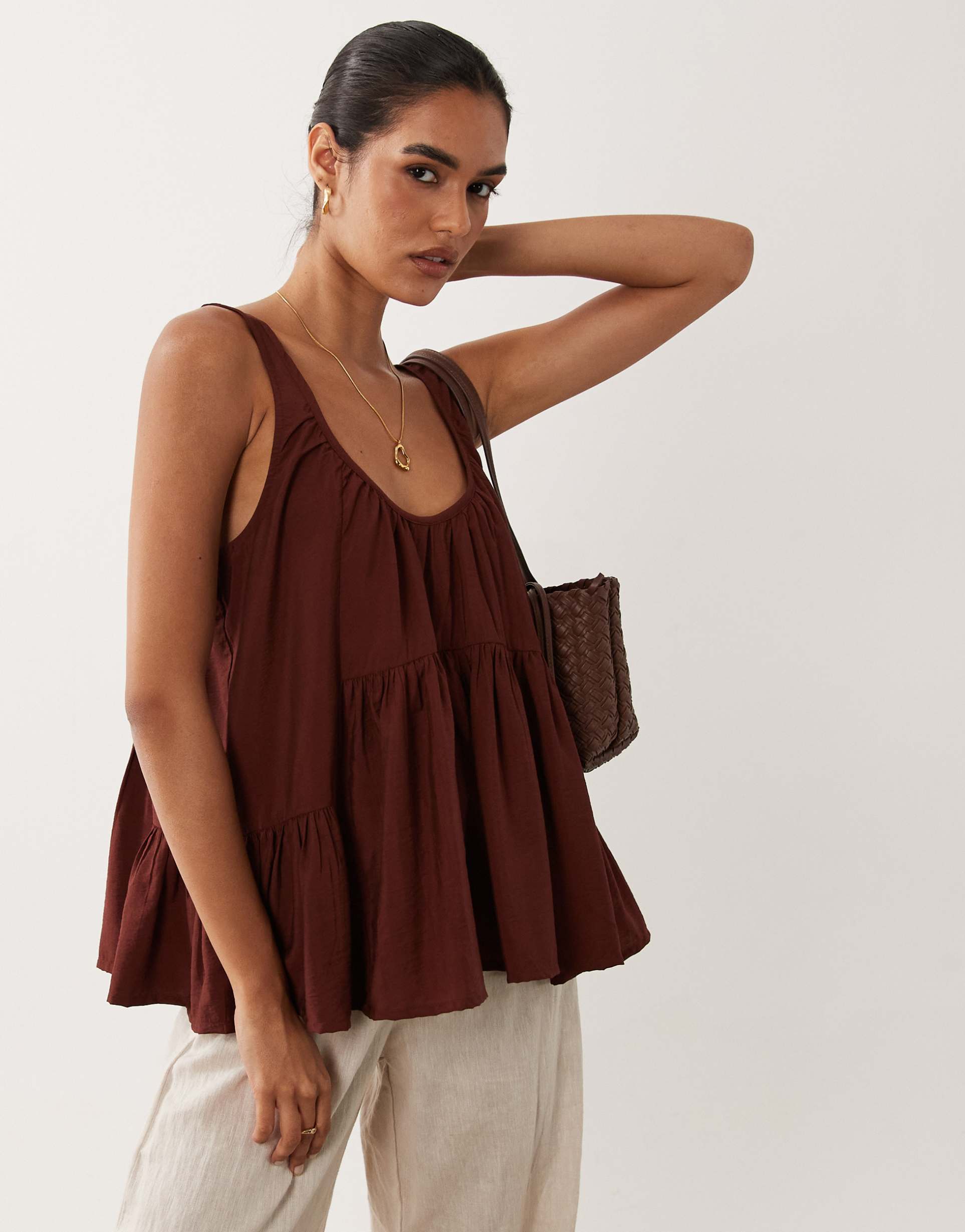 asos design scoop neck peplum cami top in brown