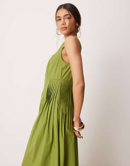 ASOS DESIGN scoop neck pleat waist maxi dress in olive