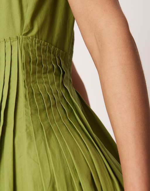 ASOS DESIGN scoop neck pleat waist maxi sundress in olive, 3 of 4