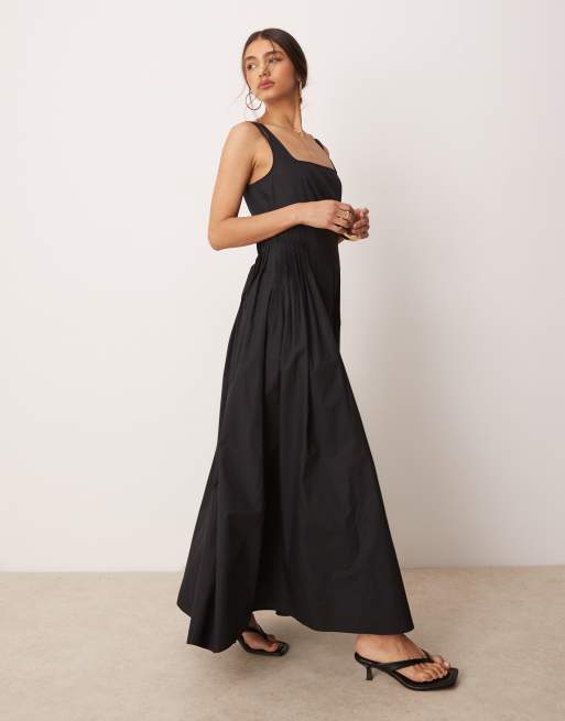 ASOS DESIGN scoop neck pleat waist midaxi dress in black