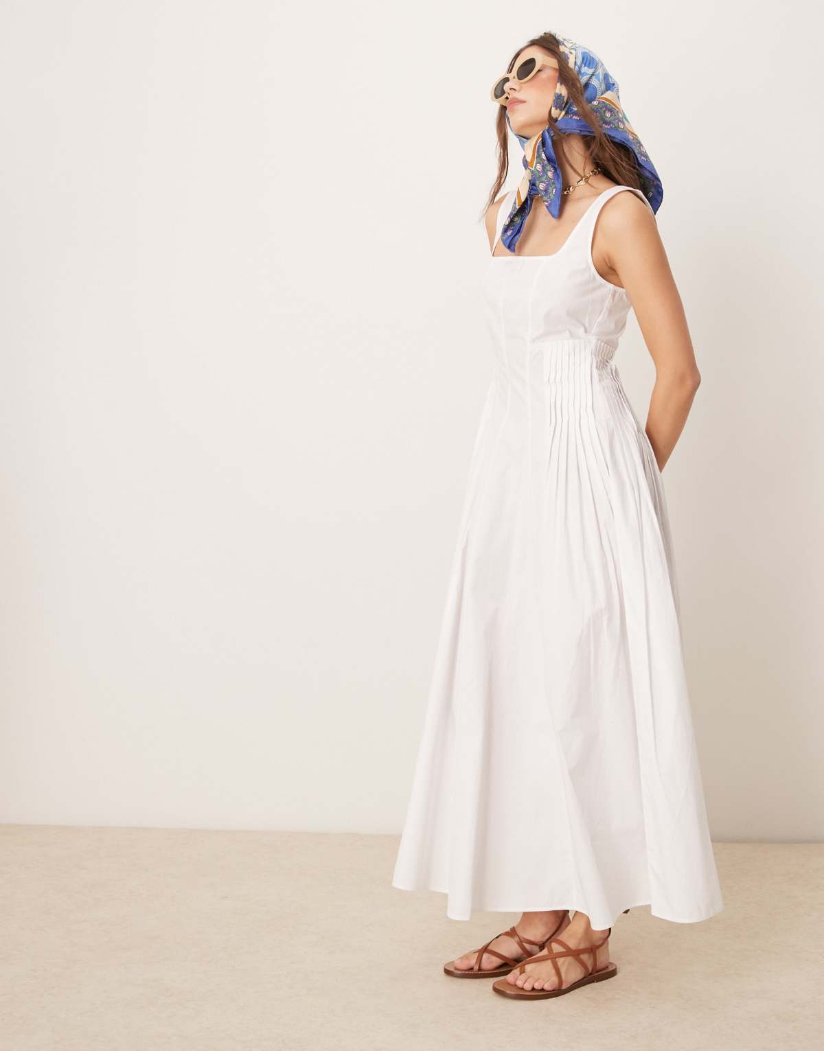 ASOS DESIGN scoop neck pleat waist midaxi dress in white