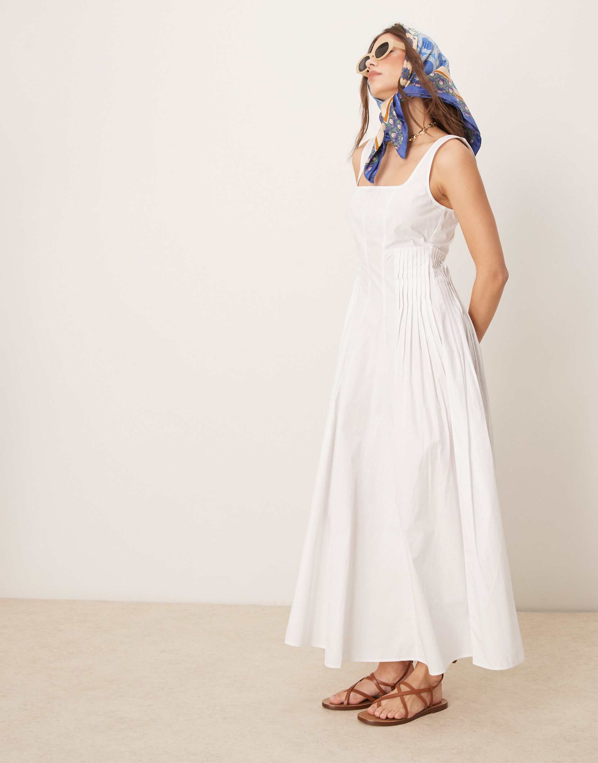 asos design scoop neck pleat waist midaxi dress in white