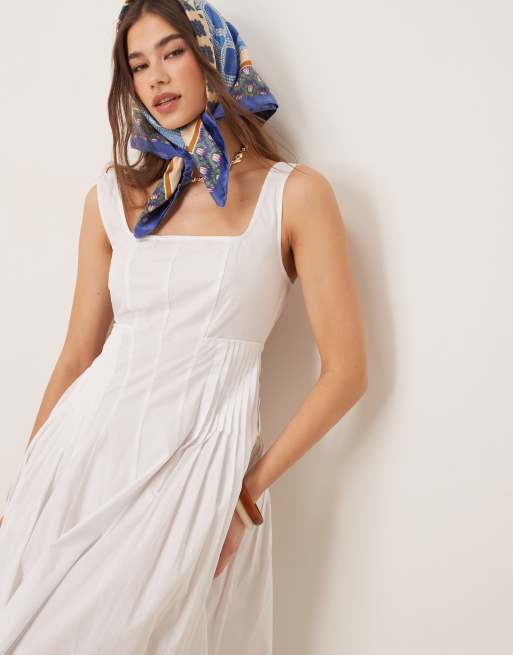 ASOS DESIGN scoop neck pleat waist midaxi dress in white