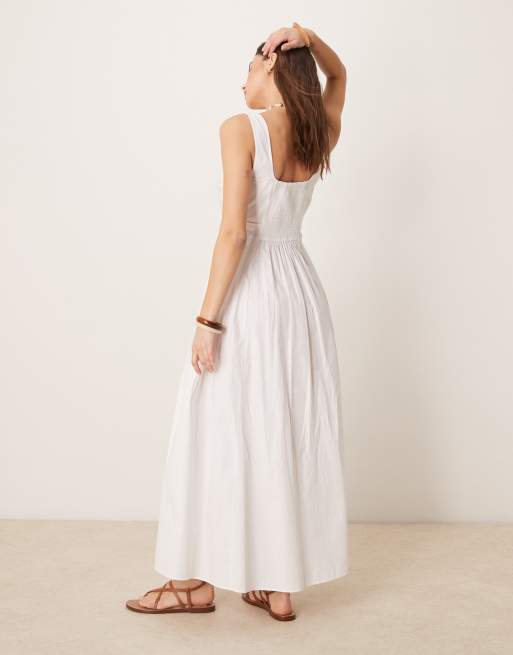 ASOS DESIGN scoop neck pleat waist midaxi dress in white