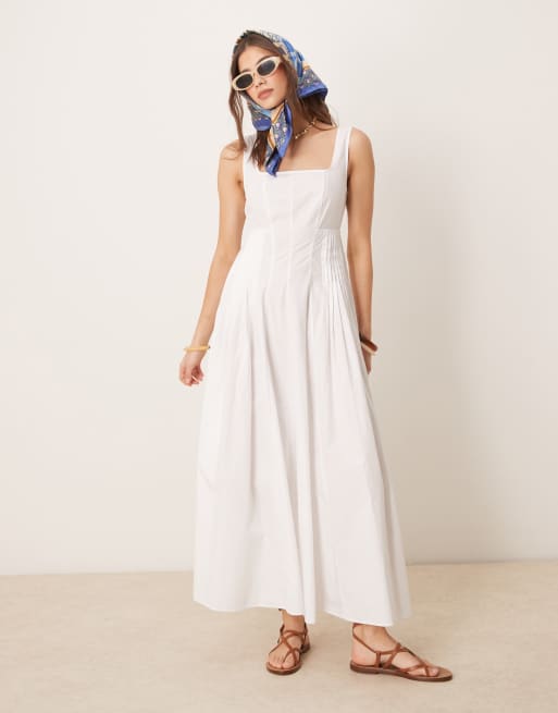 ASOS DESIGN scoop neck pleat waist midaxi dress in white