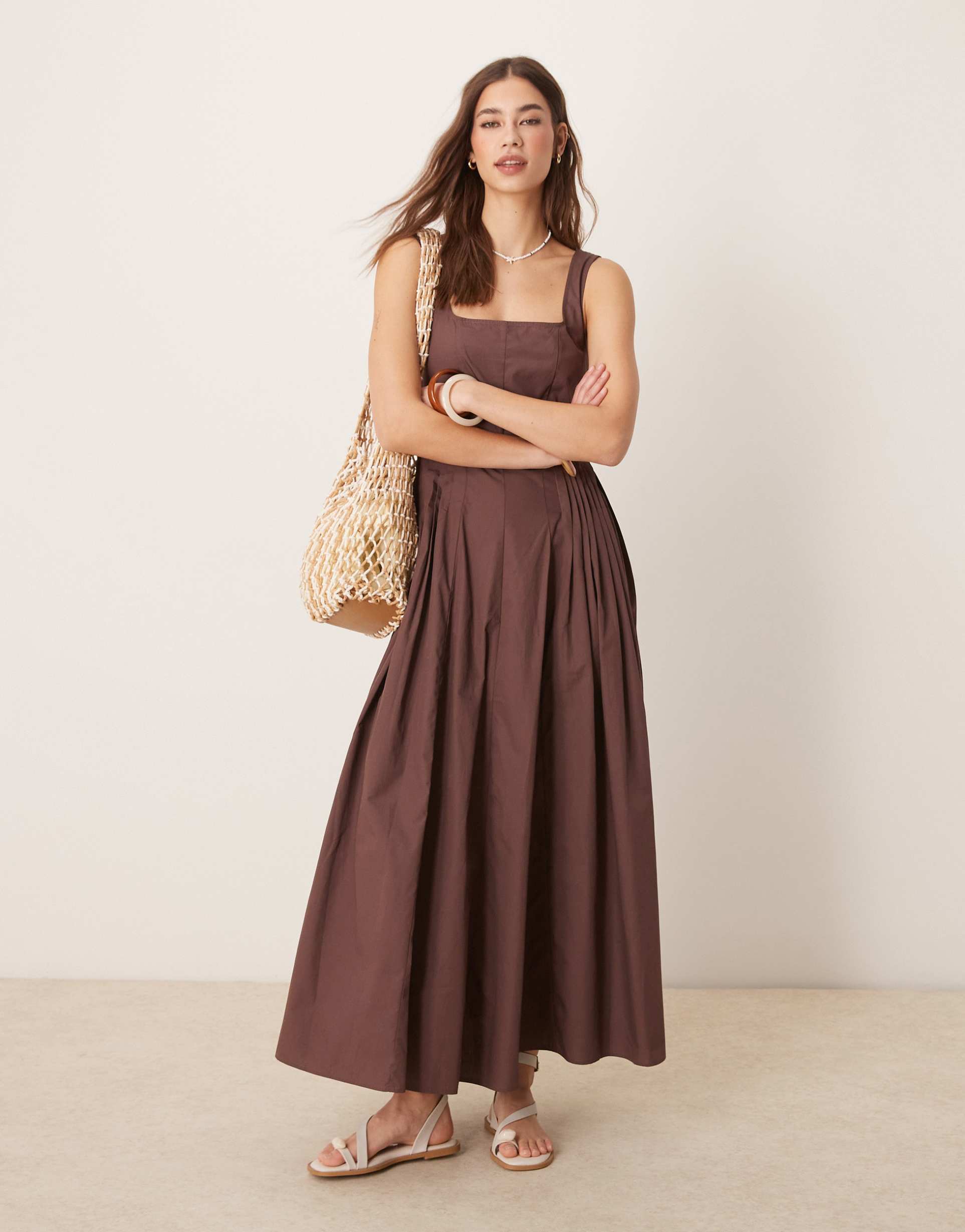 asos design scoop neck pleat waist midi dress in chocolate