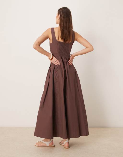 ASOS DESIGN scoop neck pleat waist midi dress in chocolate