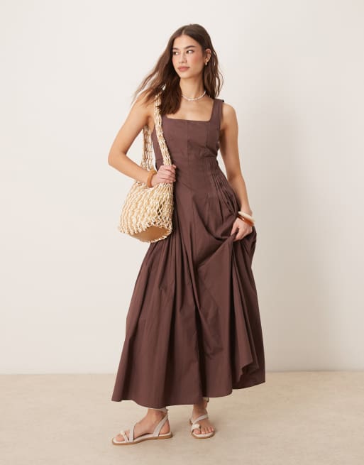 ASOS DESIGN scoop neck pleat waist midi dress in chocolate