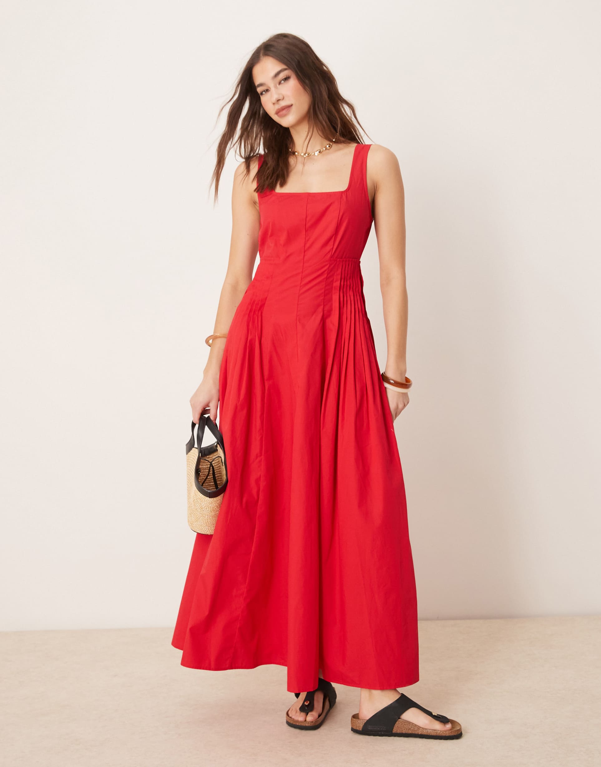 asos design scoop neck pleat waist midi dress in deep red