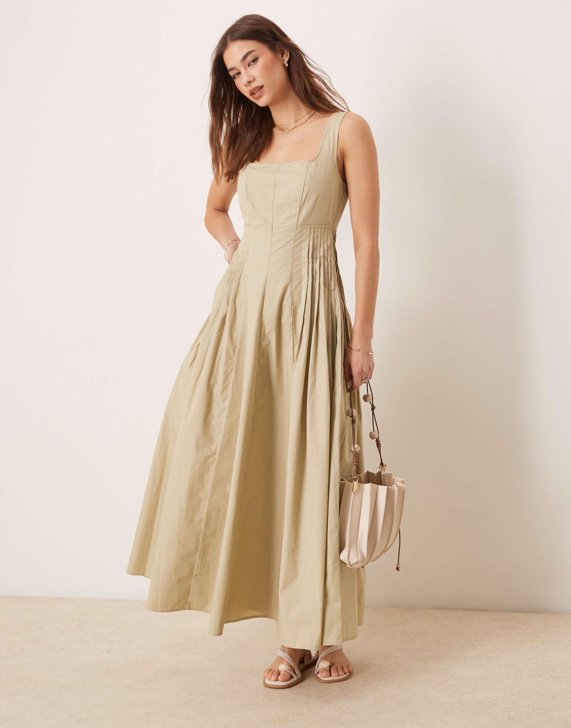asos design scoop neck pleat waist midi dress in putty