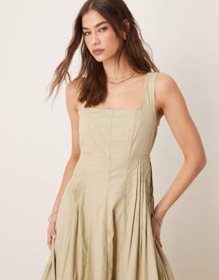 ASOS DESIGN scoop neck pleat waist midi dress in putty