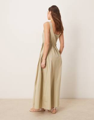 ASOS DESIGN scoop neck pleat waist midi dress in putty