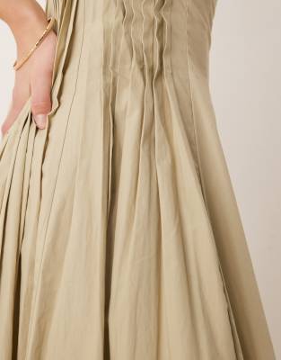 ASOS DESIGN scoop neck pleat waist midi dress in putty