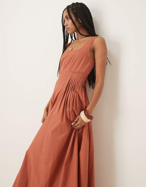 ASOS DESIGN scoop neck pleat waist midi dress in terracotta