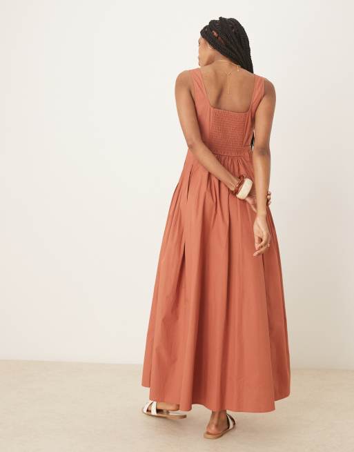 ASOS DESIGN scoop neck pleat waist midi dress in terracotta