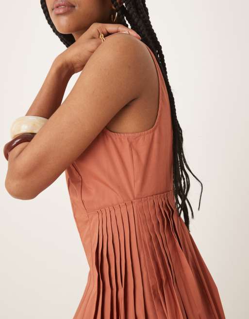 ASOS DESIGN scoop neck pleat waist midi dress in terracotta