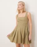 [ASOS DESIGN] ASOS DESIGN scoop neck pleat waist mini dress in deep putty-Neutral 4 Deep Putty