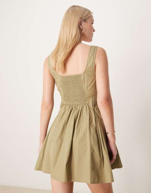 ASOS DESIGN scoop neck pleat waist mini dress in deep putty
