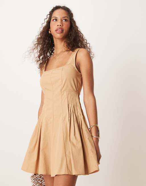 ASOS DESIGN scoop neck pleat waist mini dress in stone