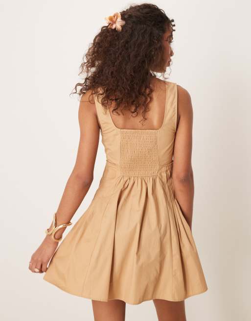 ASOS DESIGN scoop neck pleat waist mini dress in stone