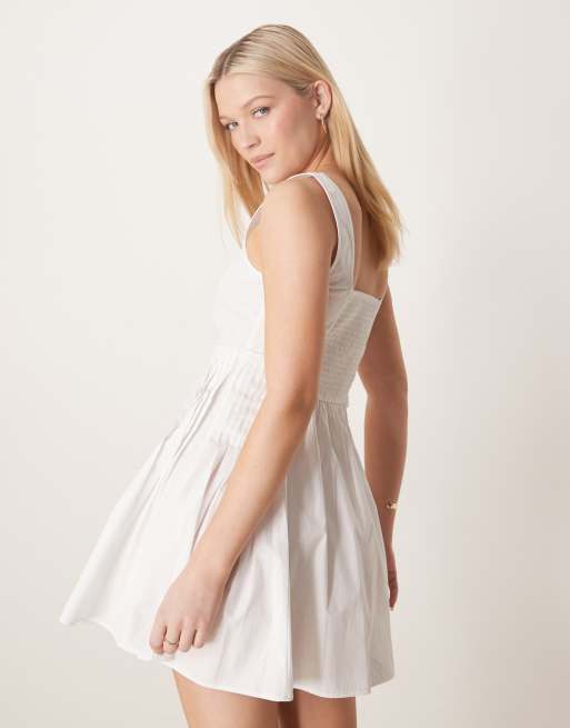 ASOS DESIGN scoop neck pleat waist mini dress in white