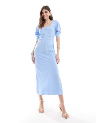 Asos Design Scoop Neck Pleated Waist Midi Dress In Light Blue