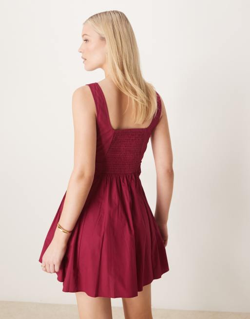 ASOS DESIGN scoop neck pleated waist mini dress in raspberry