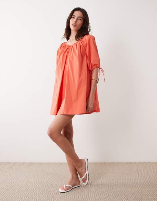 ASOS DESIGN scoop neck poplin mini dress with tie sleeves in coral, 2 of 4
