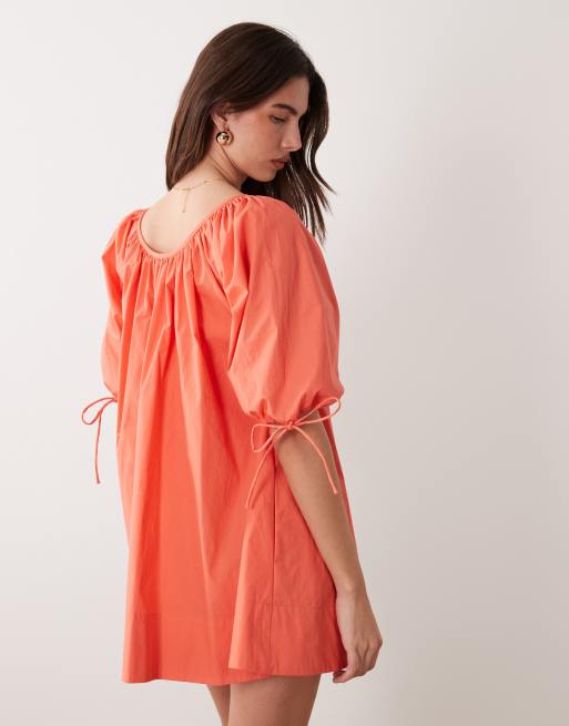 ASOS DESIGN scoop neck poplin mini dress with tie sleeves in coral, 3 of 4