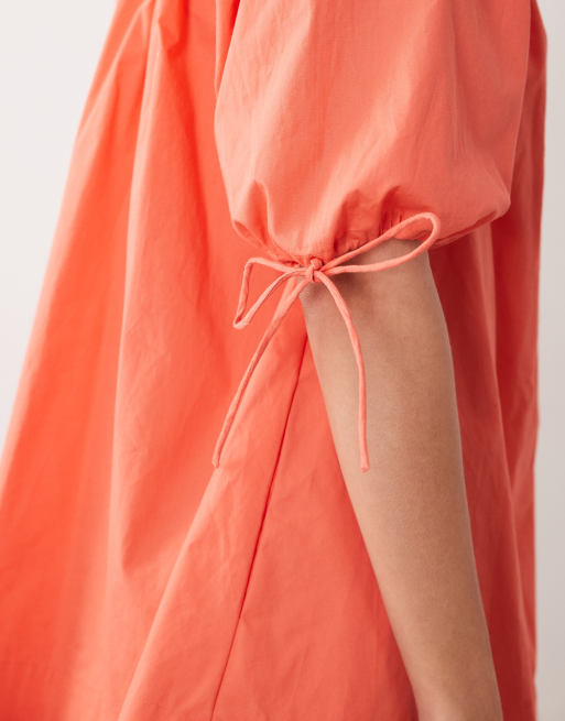 ASOS DESIGN scoop neck poplin mini dress with tie sleeves in coral, 4 of 4