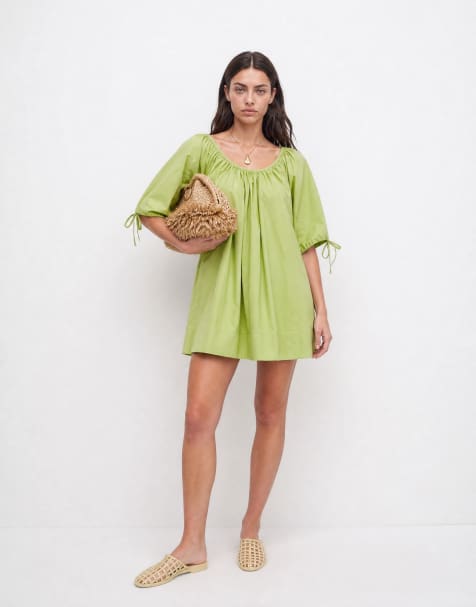 ASOS DESIGN scoop neck poplin mini dress with tie sleeves in green