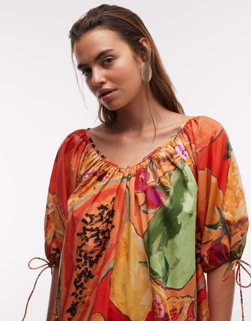ASOS DESIGN scoop neck poplin mini dress with tie sleeves in multi print, 2 of 7