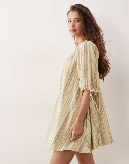 ASOS DESIGN scoop neck poplin mini dress with tie sleeves in textured yellow and stone stripe, 2 of 4