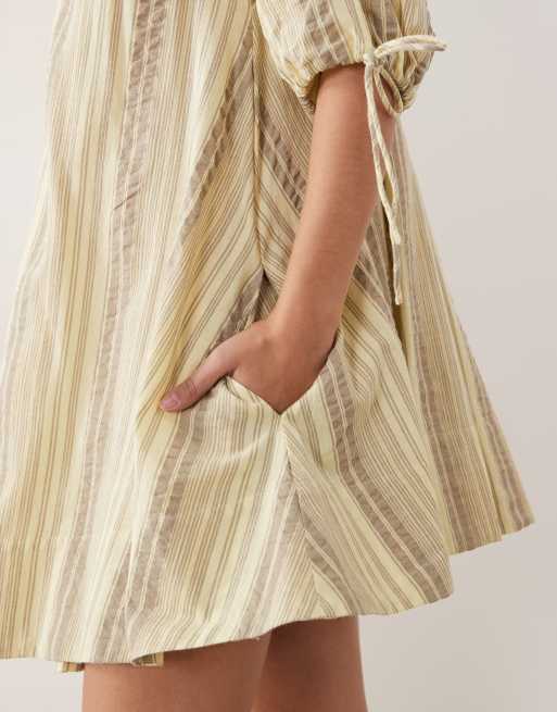 ASOS DESIGN scoop neck poplin mini dress with tie sleeves in textured yellow and stone stripe, 3 of 4