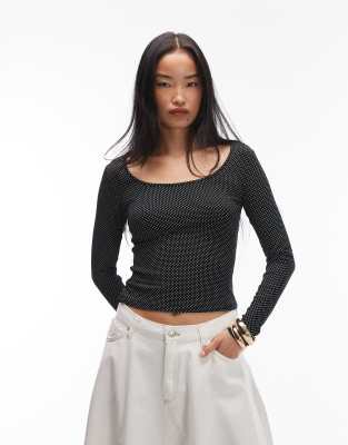 Asos Design Scoop Neck Printed Polka Dot Top In Black