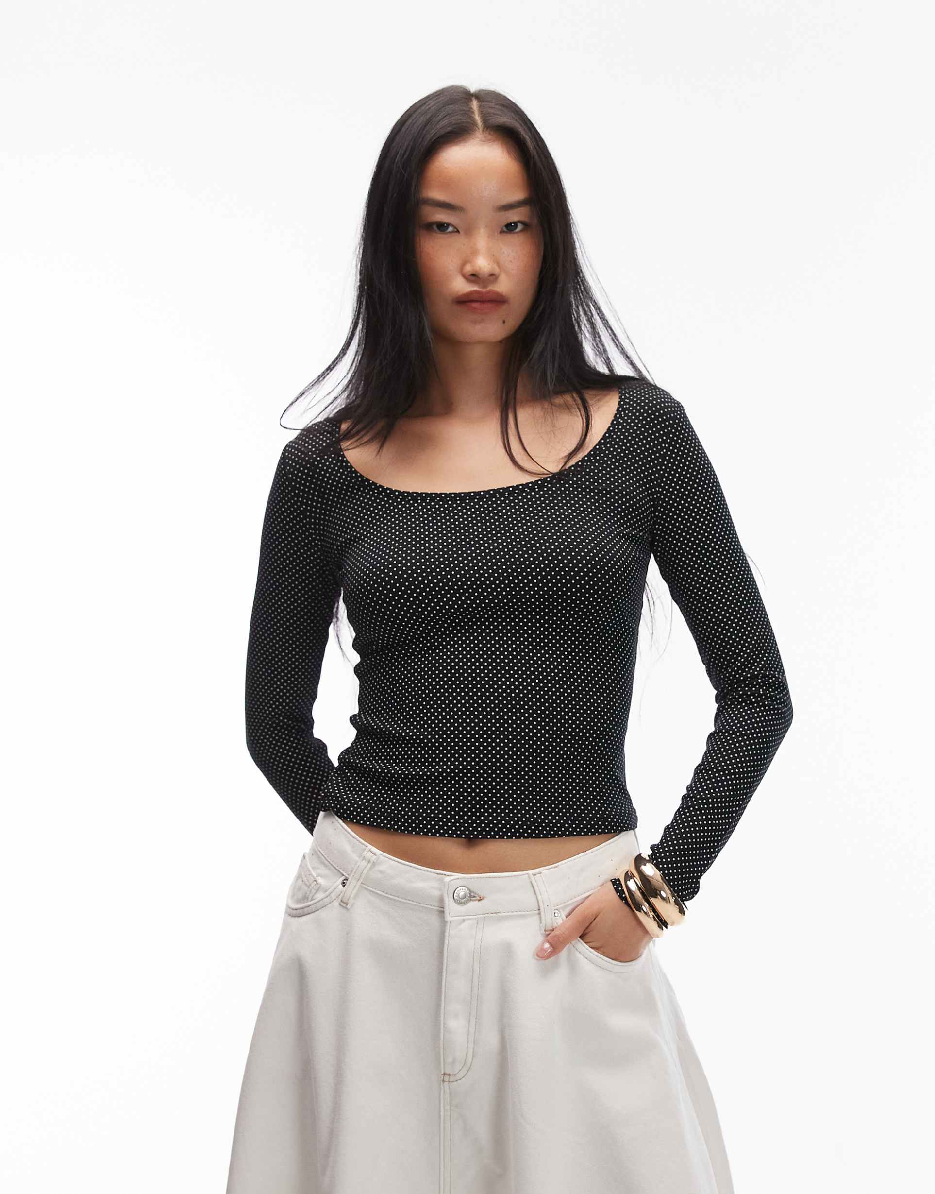 asos design scoop neck printed polka dot top in black