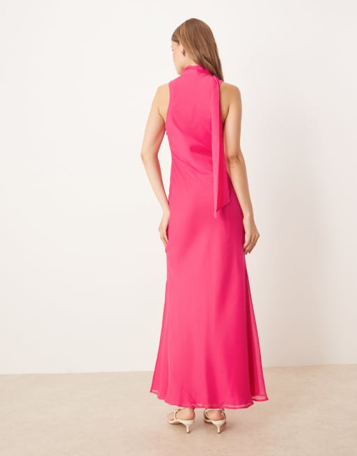 ASOS DESIGN scoop neck racer back scarf detail midi dress in raspberry, 3 of 4