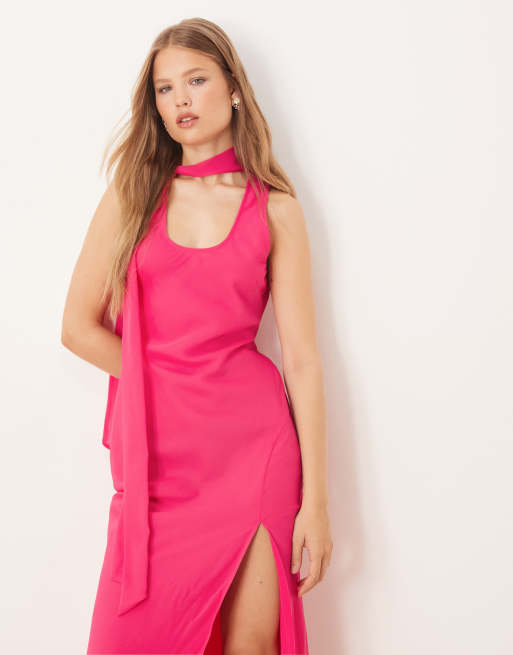 ASOS DESIGN scoop neck racer back scarf detail midi dress in raspberry, 4 of 4