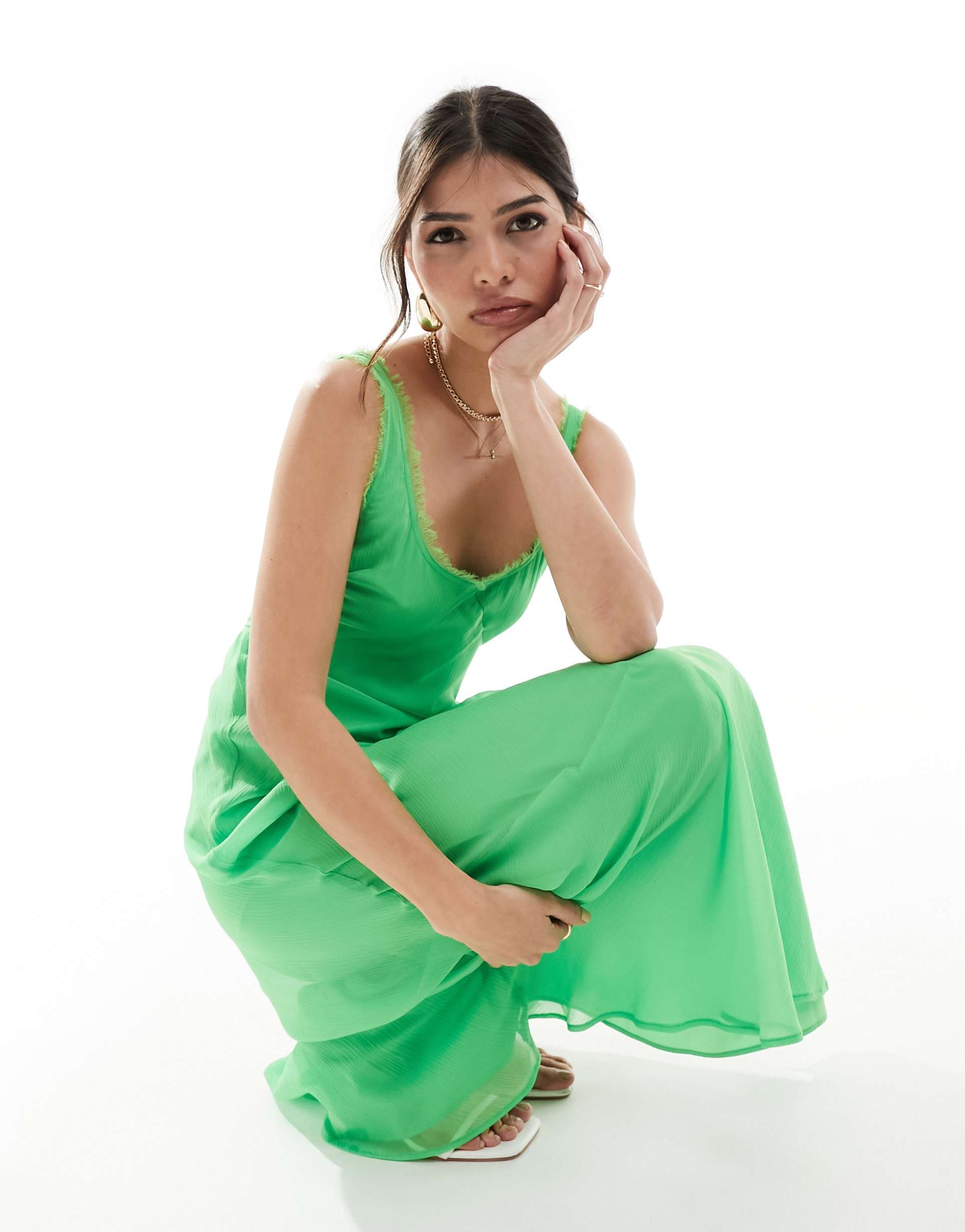 asos design scoop neck raw edge bias maxi dress in bright green