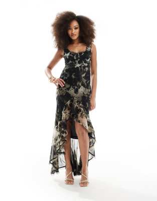 Asos Design Scoop Neck Raw Edge Bias Maxi Dress With Hi Low Hem And Buckle Detail Back In Abstract Leopard Print In Multi