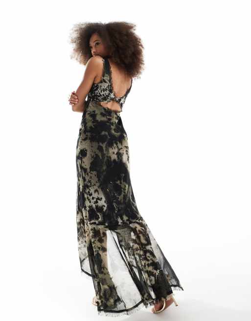  ASOS DESIGN scoop neck raw edge bias maxi dress with hi low hem and buckle detail back in abstract leopard print