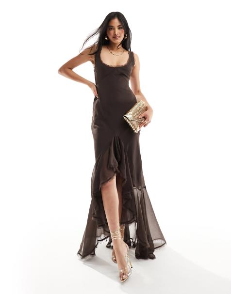 ASOS DESIGN scoop neck raw edge bias maxi dress with hi low hem and buckle detail back in chocolate - view 1