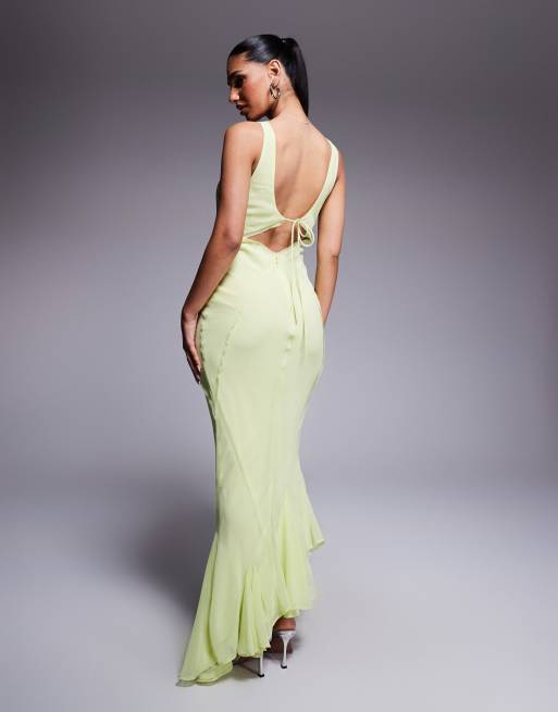 ASOS DESIGN scoop neck raw edge maxi dress with hem detail in lime