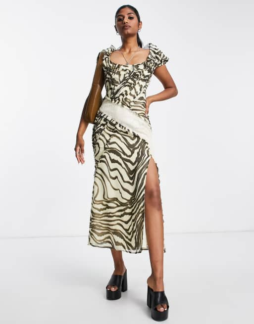 ASOS DESIGN scoop neck raw edge pintuck midi tea dress with lace insert in  animal print